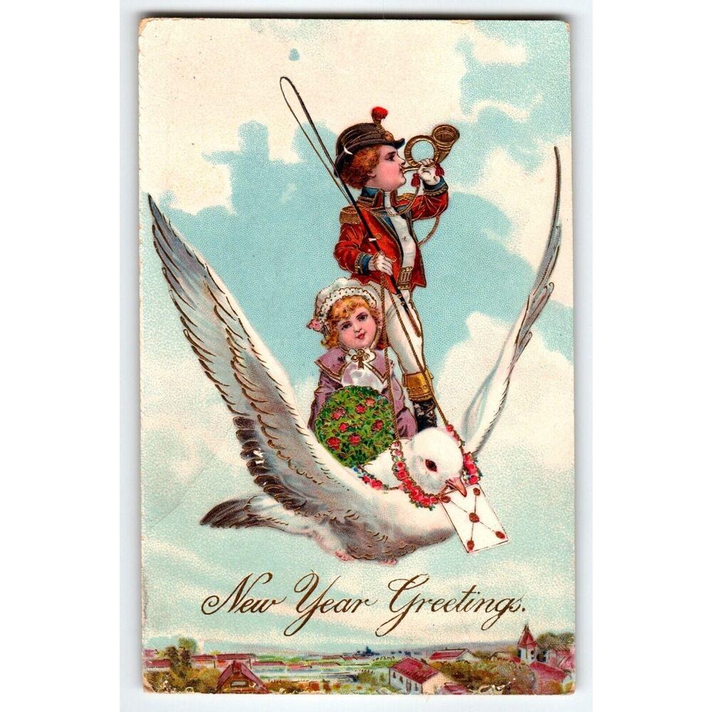 EAS New Year Postcard Children Flying On Gian White Dove 1900's Fantasy 1909